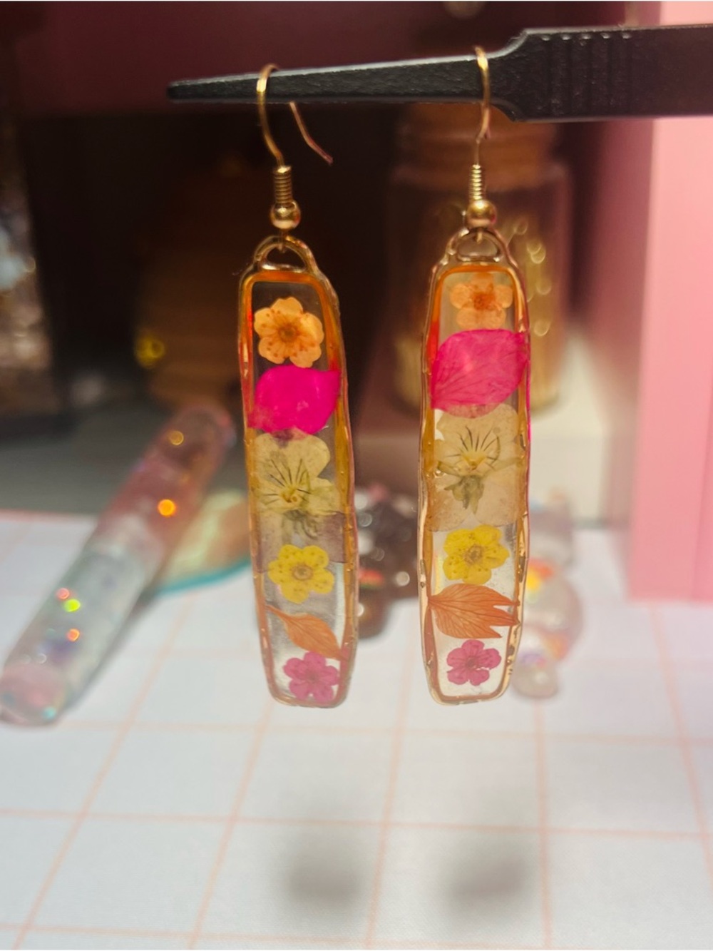 Gold-Trim Floral Resin Drop Earrings with Pink & Yellow Blooms